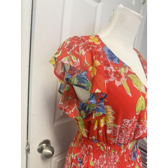 Jessica Simpson Dress Womens Medium Red Floral Ruffle Sleeve Smocked Waist Midi - Picture 3 of 12
